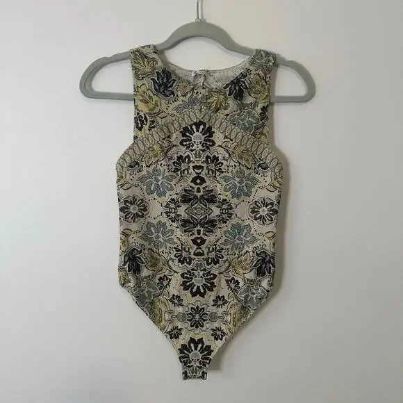 Free People Intimately cream, yellow & navy paisley open back bodysuit S - Picture 2 of 11